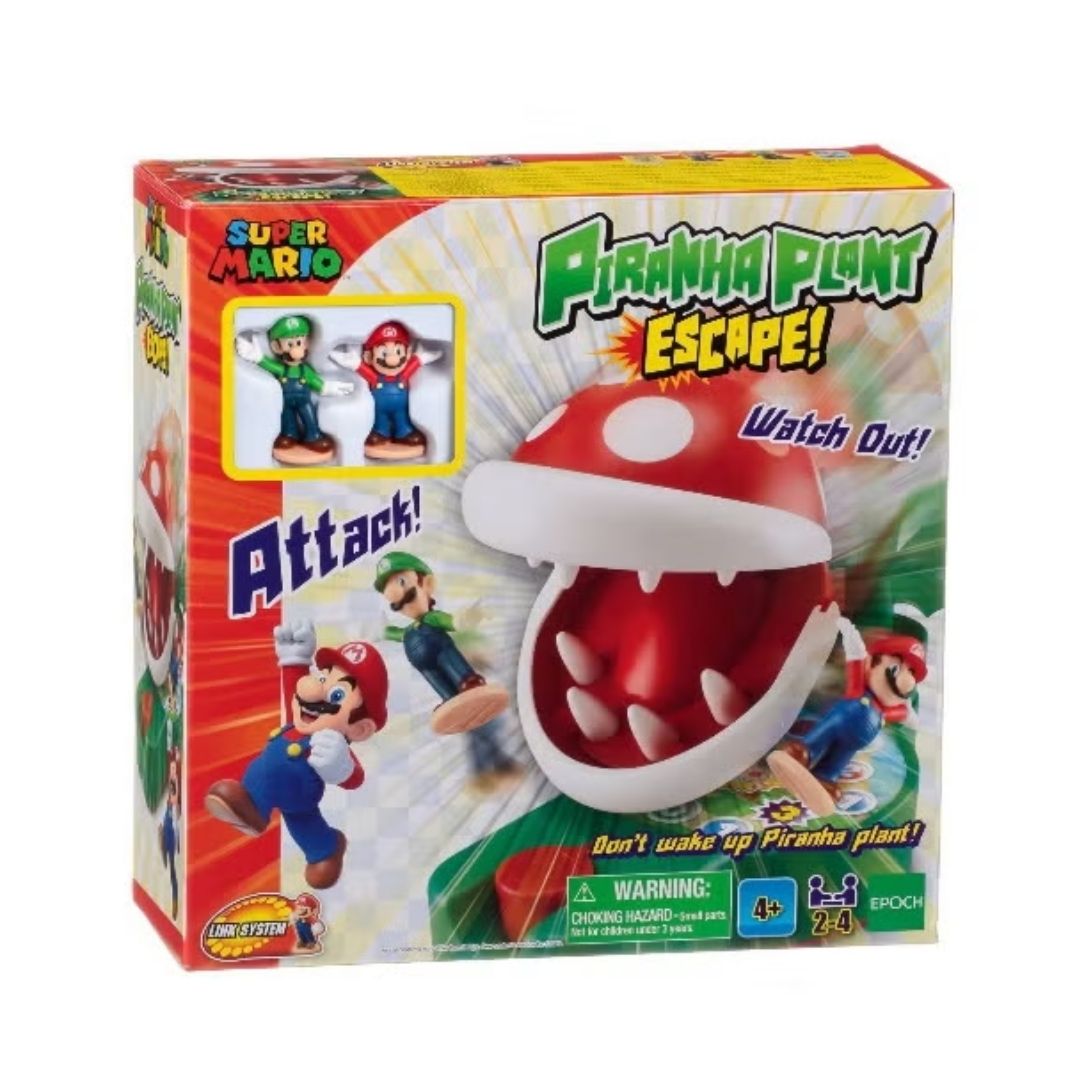 Super Mario Piranha Plant Escape game featuring a large green Piranha Plant on a red base, a numbered die, and two miniature Mario and Luigi figures on a circular track.