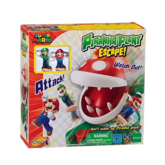 Super Mario Piranha Plant Escape game featuring a large green Piranha Plant on a red base, a numbered die, and two miniature Mario and Luigi figures on a circular track.