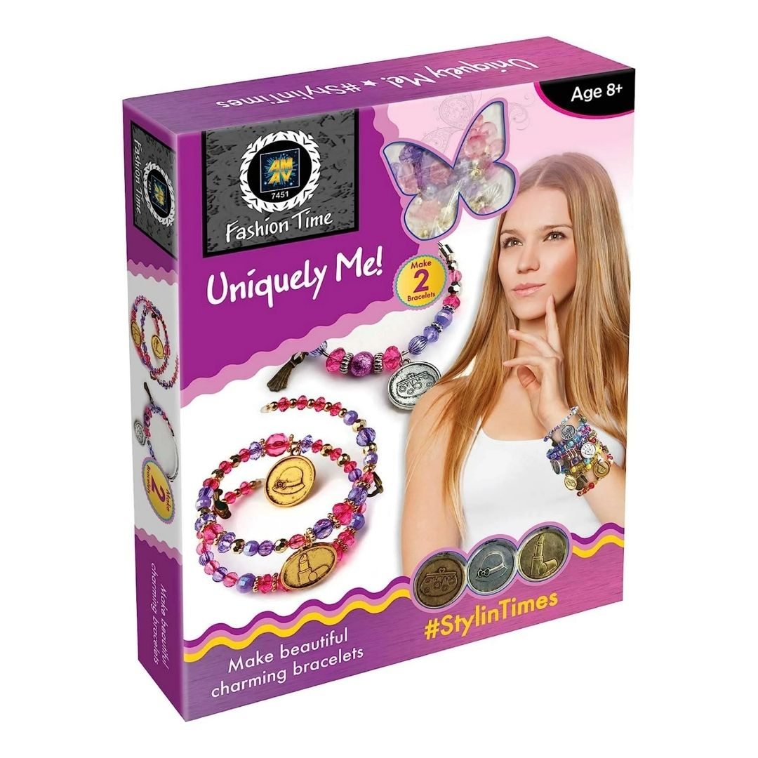 Amav Uniquely Me Stylin' Times kit featuring fashion accessories, decorative stickers, colorful gems, and styling tools for personalized DIY design.