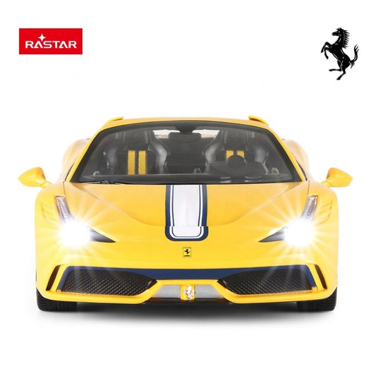 Vibrant multicolor 1:14 scale Rastar Ferrari 458 Speciale remote control car, featuring realistic red bodywork, official Ferrari racing decals, working LED headlights, and a professional-grade handheld remote.