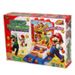Super Mario Lucky Coin Game featuring a red and blue arcade-style pusher machine with a Super Mario backdrop and several gold and character-themed coins.