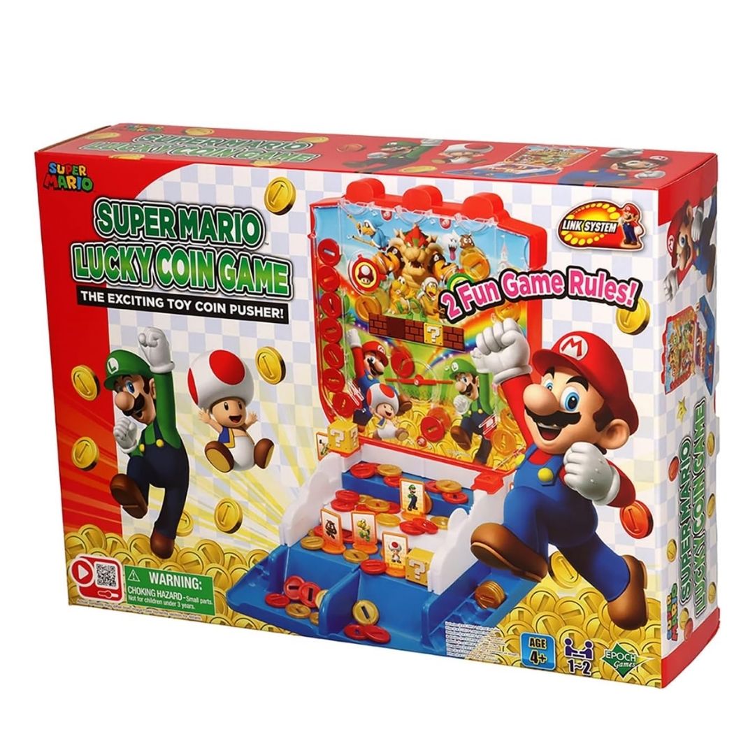 Super Mario Lucky Coin Game featuring a red and blue arcade-style pusher machine with a Super Mario backdrop and several gold and character-themed coins.