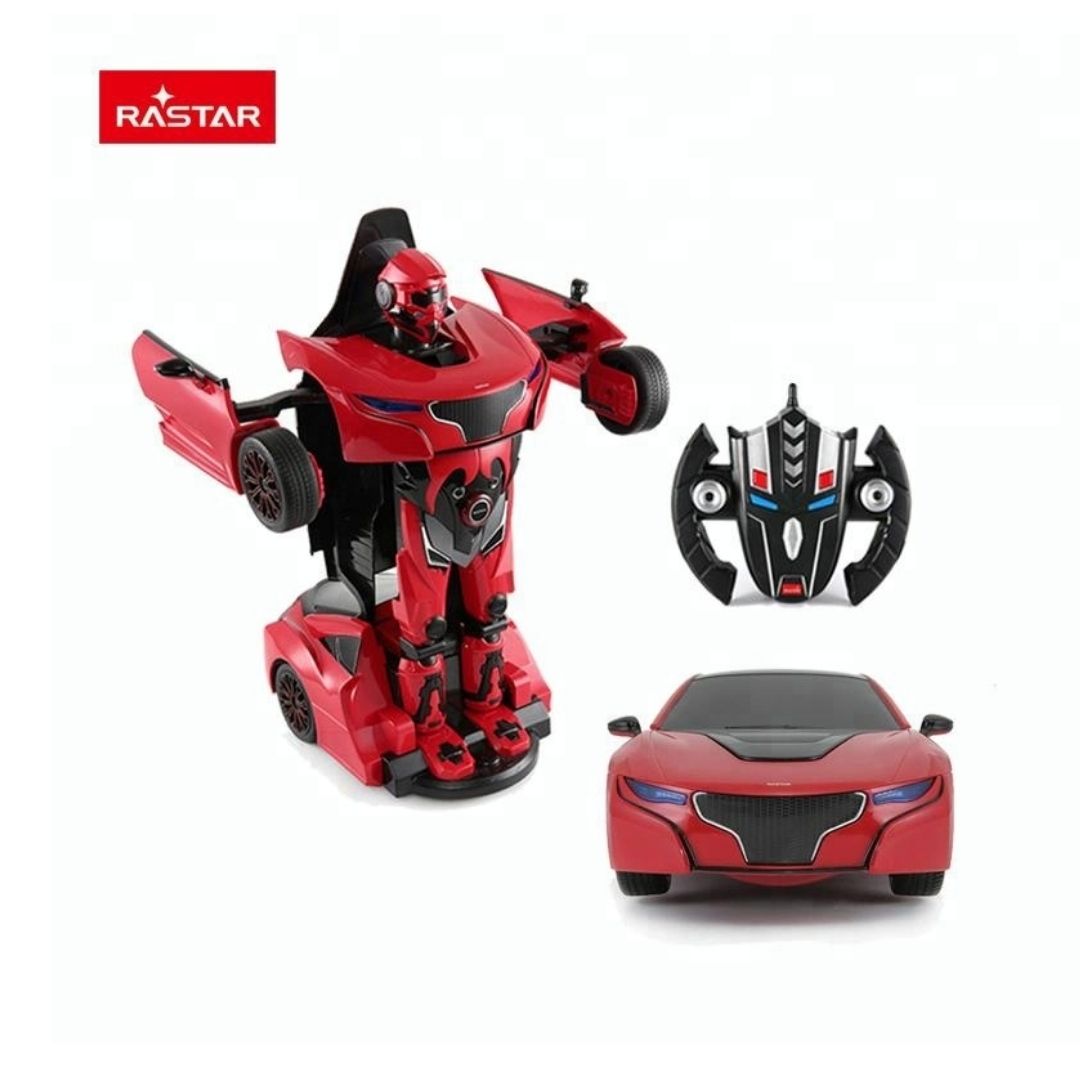 High-performance 1:14 scale Rastar R/C Transformable car in a vibrant multicolor design, featuring a motorized transformation into a standing robot with working LED lights and a handheld remote.