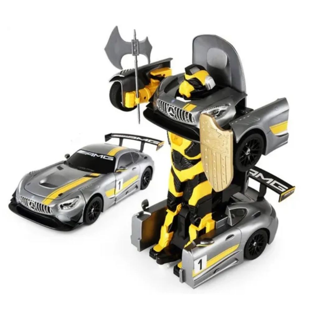 Official 1:14 scale Rastar Mercedes-Benz remote control car in a multicolor finish, shown in a motorized transformation into a standing robot with working LED lights and authentic Mercedes-Benz branding.