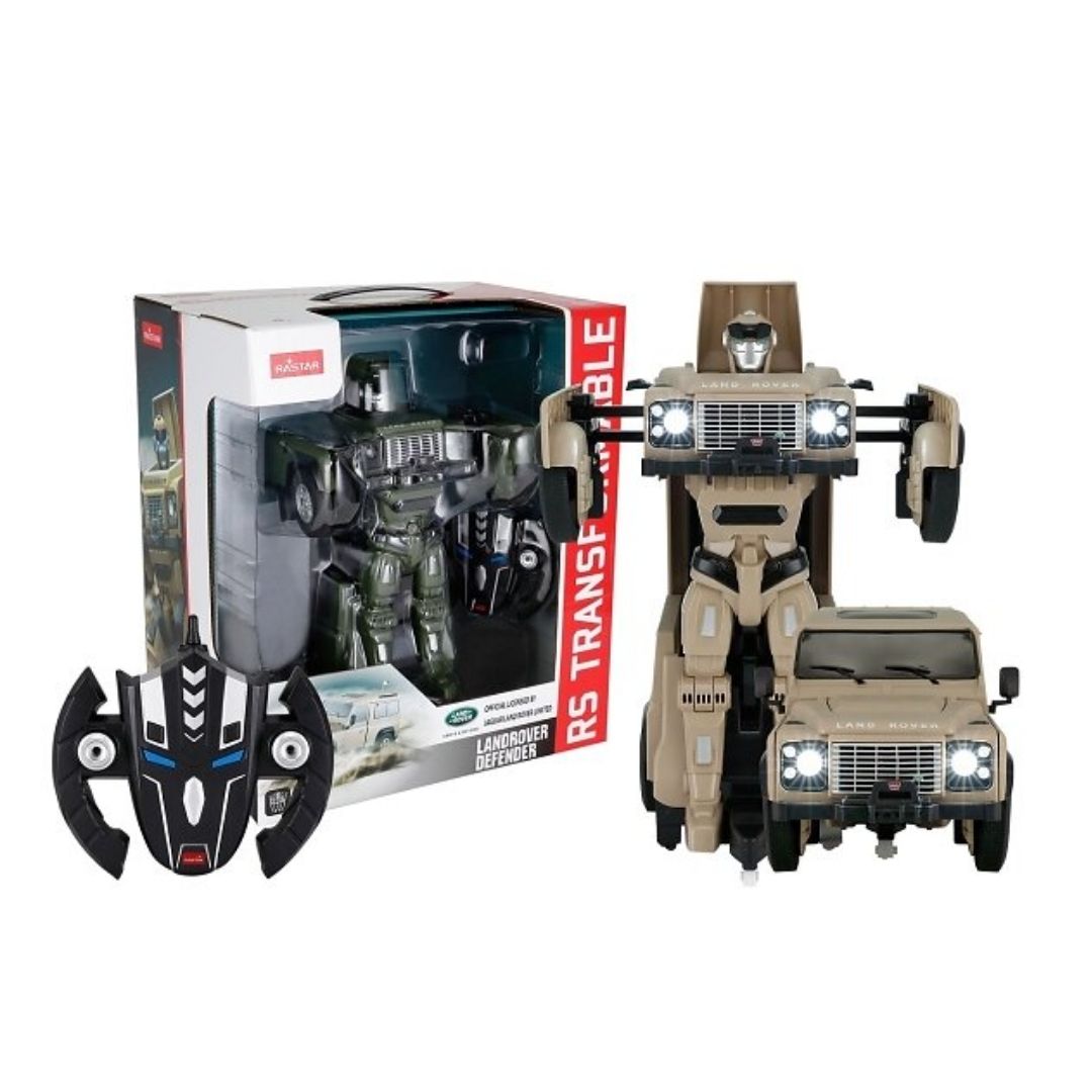 Official 1:14 scale Rastar Land Rover Defender remote control car in a detailed multicolor finish, featuring a motorized transformation into a standing robot with working LED lights and authentic Land Rover branding.