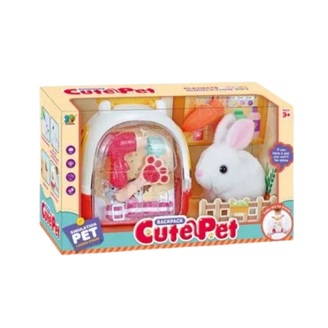 LT Cute Pet Rabbit set featuring a soft white plush bunny inside a transparent-window pink and purple backpack carrier with adjustable straps and pet care accessories.