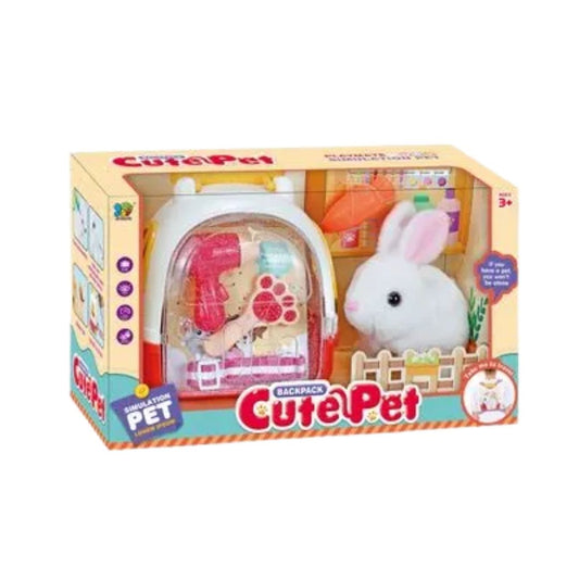 LT Cute Pet Rabbit set featuring a soft white plush bunny inside a transparent-window pink and purple backpack carrier with adjustable straps and pet care accessories.