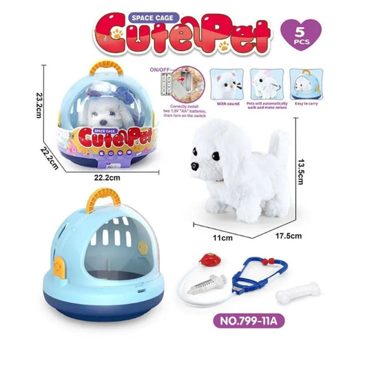 LT Cute Pet playset featuring a small white toy dog inside a modern white and transparent space-themed pet carrier cage with a handle.