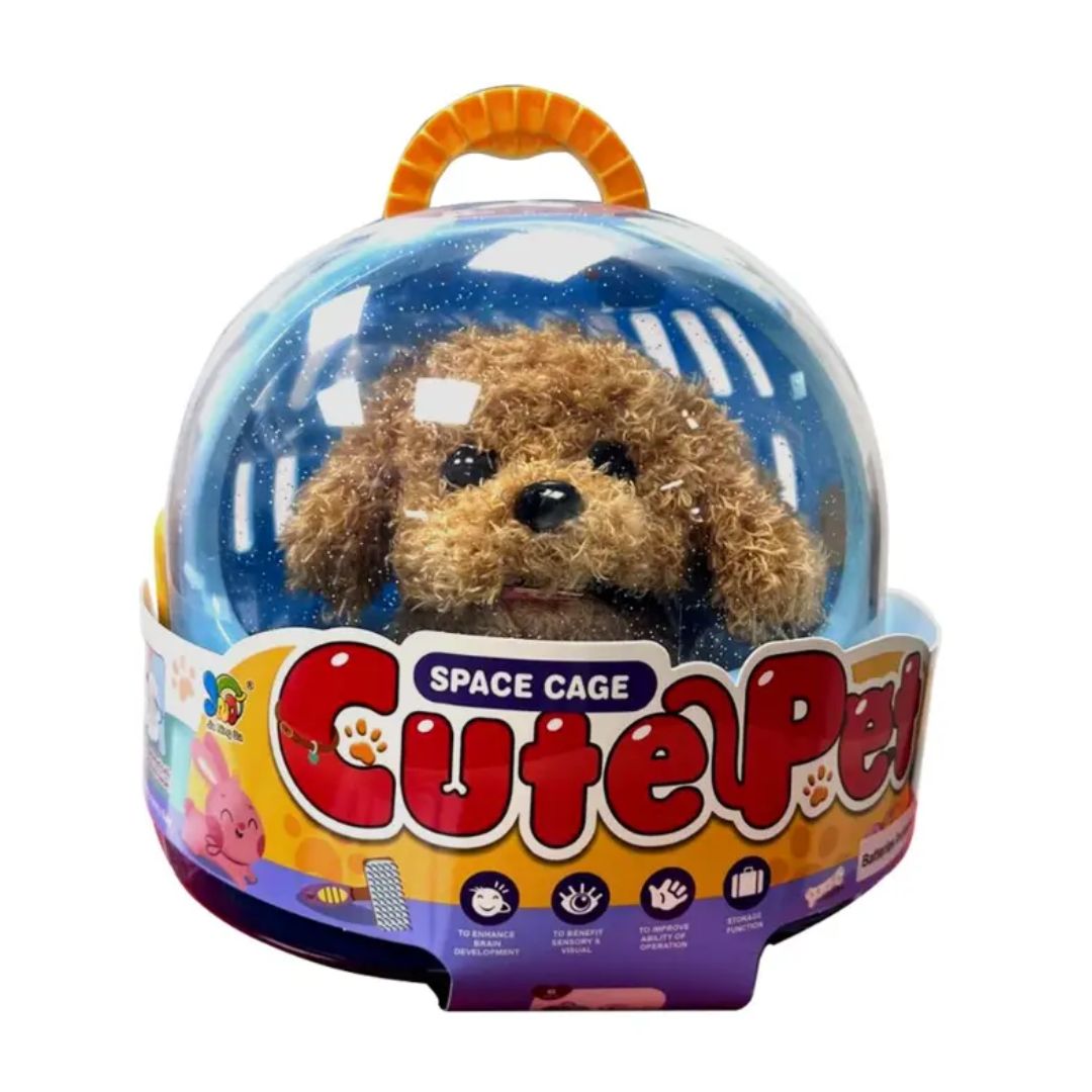 LT Cute Pet Dog playset featuring a small brown toy dog inside a multicolor transparent space-themed pet carrier with a handle and ventilation holes.
