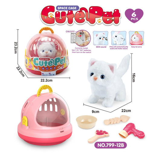 LT Cute Pets White Space Cage featuring a transparent bubble-window pet carrier, a soft white plush toy cat, and pet care accessories in a multicolor portable housing.
