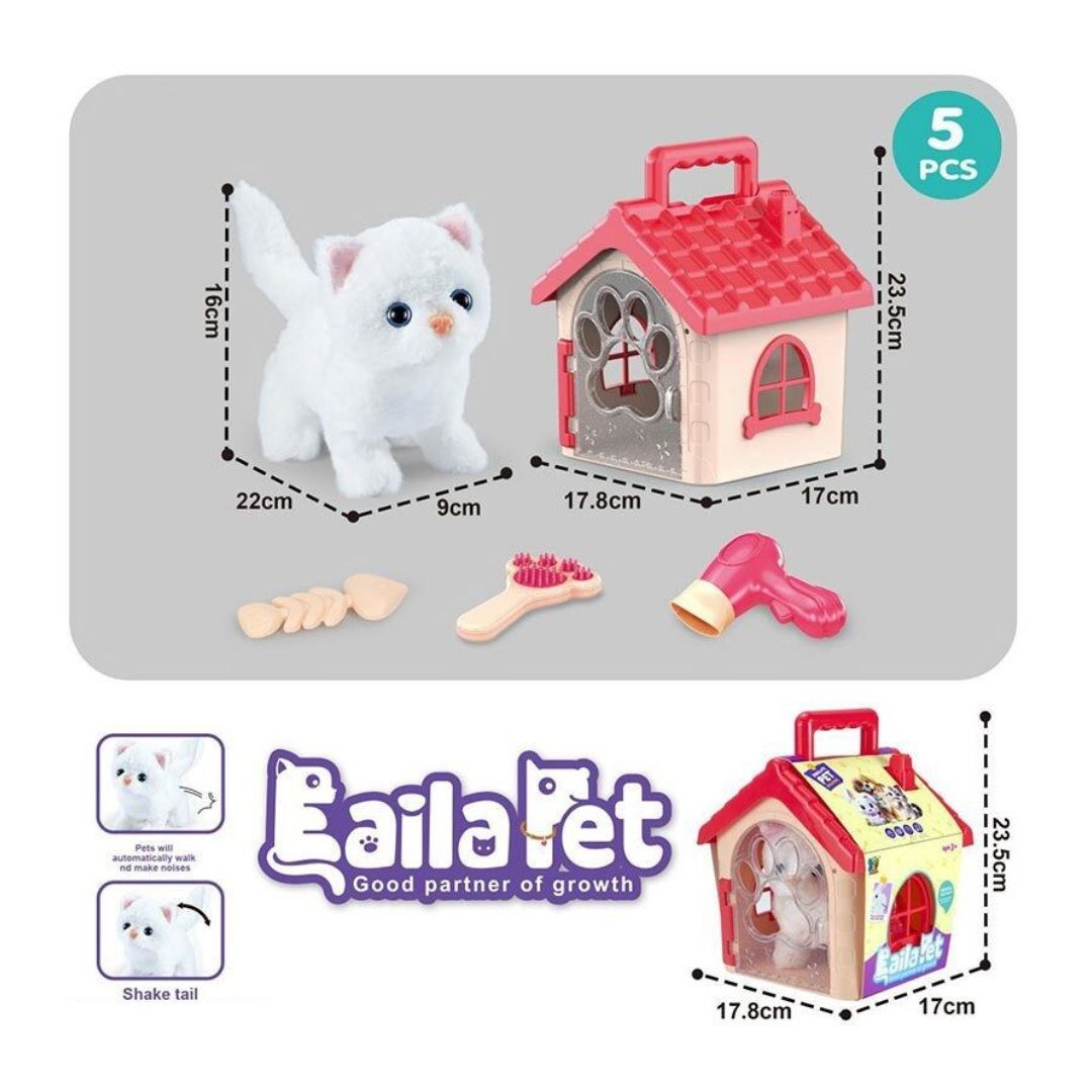 LT Cute Pet Cat battery operated interactive plush toy cat walking and wagging its tail on the playroom floor