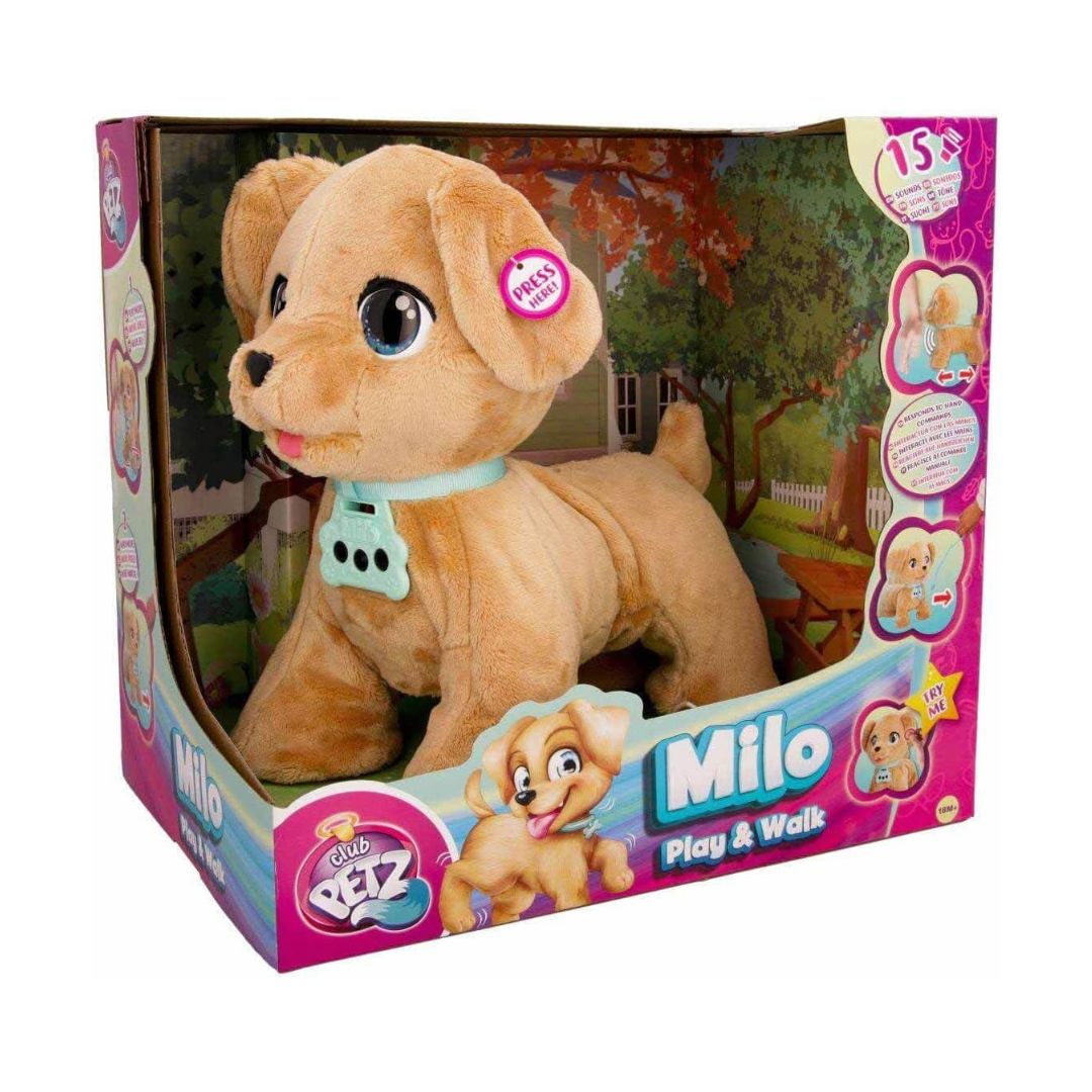 IMC Toys Milo interactive walking puppy toy with a colorful pull leash on a living room rug