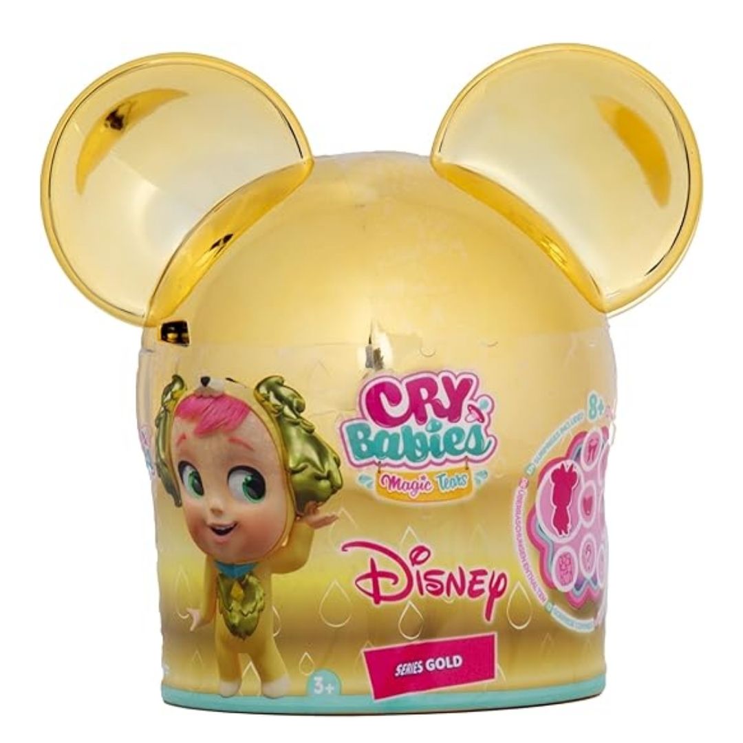 Cry Babies Magic Tears Disney Edition mystery golden house featuring a surprise collectible doll dressed as a Disney character with 7 hidden accessories.