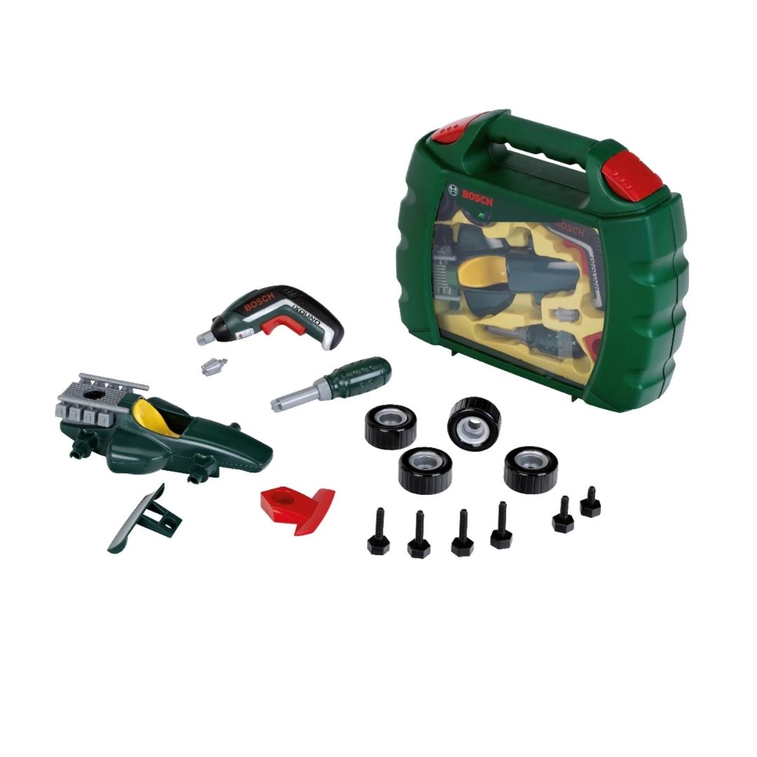 Klein Bosch Grand Prix case set featuring a transparent carrying case containing a disassemble-able Grand Prix race car, battery-operated Ixolino II cordless screwdriver, and manual hand screwdriver.