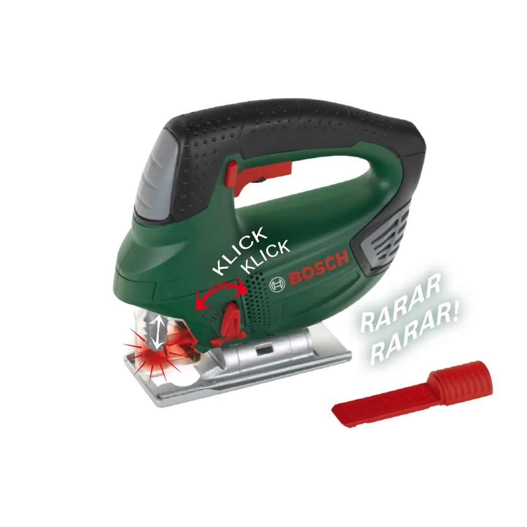Theo Klein Bosch Jigsaw II toy power tool featuring realistic green and black styling, transparent protective guard, battery-operated reciprocating blade motion, and light effects.