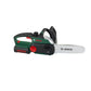 Theo Klein Bosch toy chain saw featuring green and black casing, rotating plastic saw chain, flashing light effect, and ergonomic grip.
