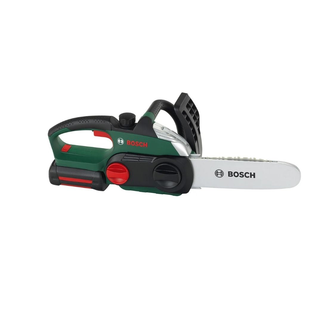 Theo Klein Bosch toy chain saw featuring green and black casing, rotating plastic saw chain, flashing light effect, and ergonomic grip.
