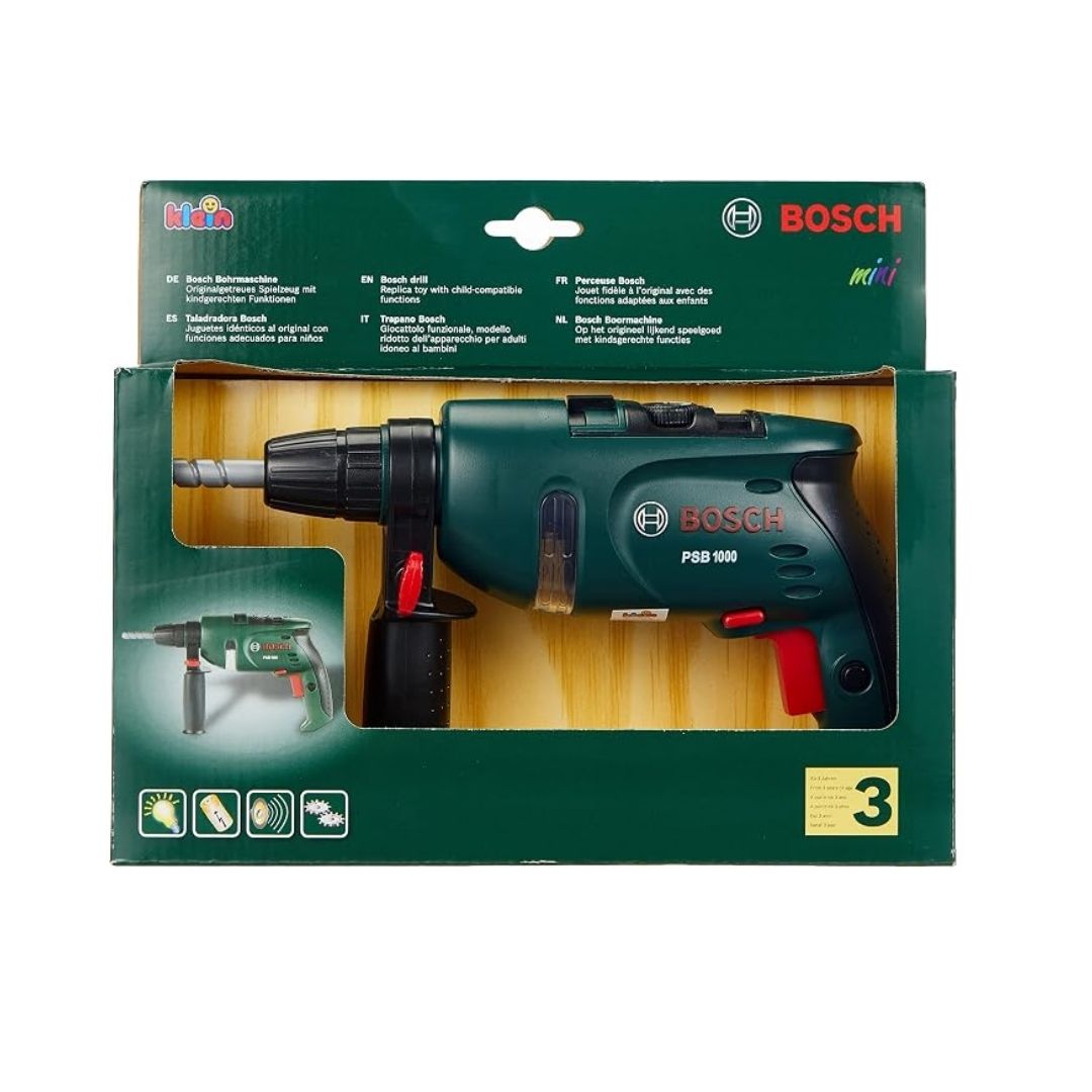 Theo Klein Bosch toy drill featuring green casing, rotating drill bit, auxiliary front handle, and trigger-activated drilling action.