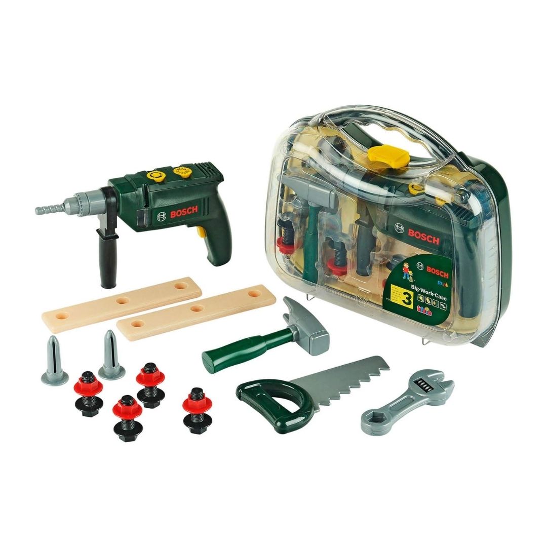 Theo Klein Bosch Big Tool Case featuring transparent carrying case filled with battery-operated toy drill, hammer, saw, spanner, screws, nuts, and construction accessories.