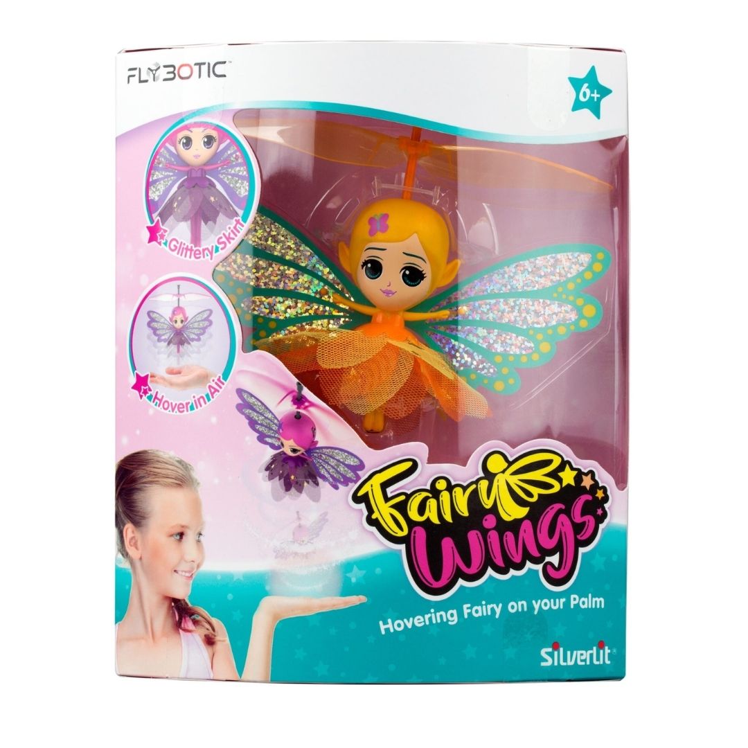 Enchanting Silverlit Fairy with translucent multicolor wings, featuring a detailed magical outfit and integrated touch-sensitive sensors for realistic fluttering flight.