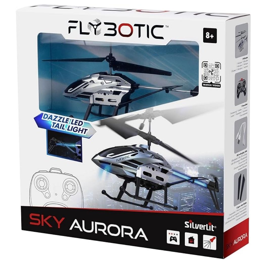Aerodynamic Silverlit Sky Aurora RC helicopter in a vibrant multicolor finish, featuring a coaxial rotor system, integrated LED light effects, and a professional 3-channel infrared remote control.