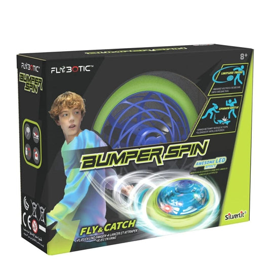 Silverlit Bumper Spin R/C car in a vibrant multicolor finish, featuring a rounded impact-resistant bumper, specialized stunt wheels, and a compact 2.4 GHz remote control.