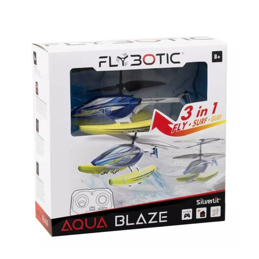 Aerodynamic Silverlit Aqua Blaze RC racing boat in a vibrant multicolor finish, featuring a waterproof sealed hull, twin-propeller propulsion system, and a 2.4 GHz pistol-grip remote control.