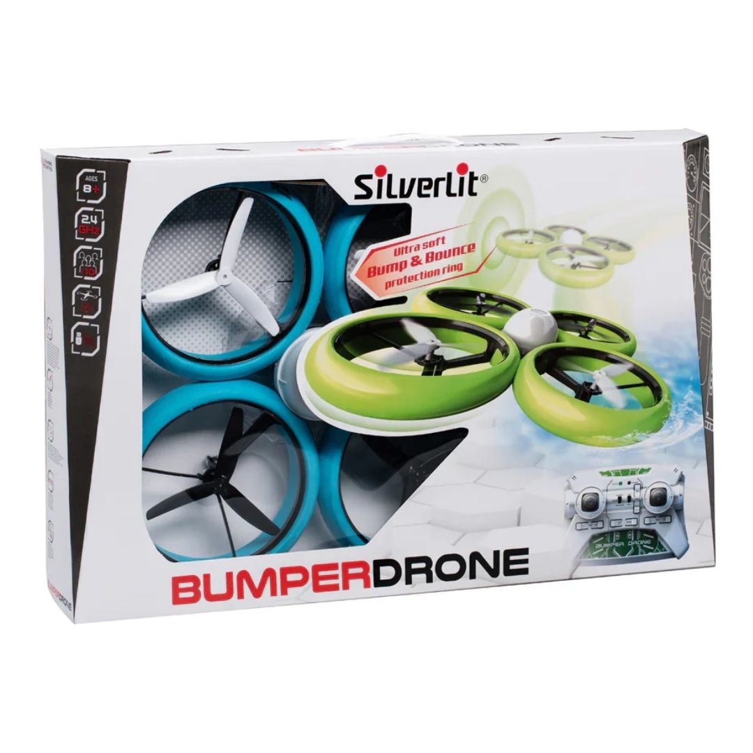 Silverlit Bumper Drone in a vibrant multicolor finish, featuring a soft, circular protective bumper frame, four high-speed rotors, and a professional 2.4 GHz remote control.