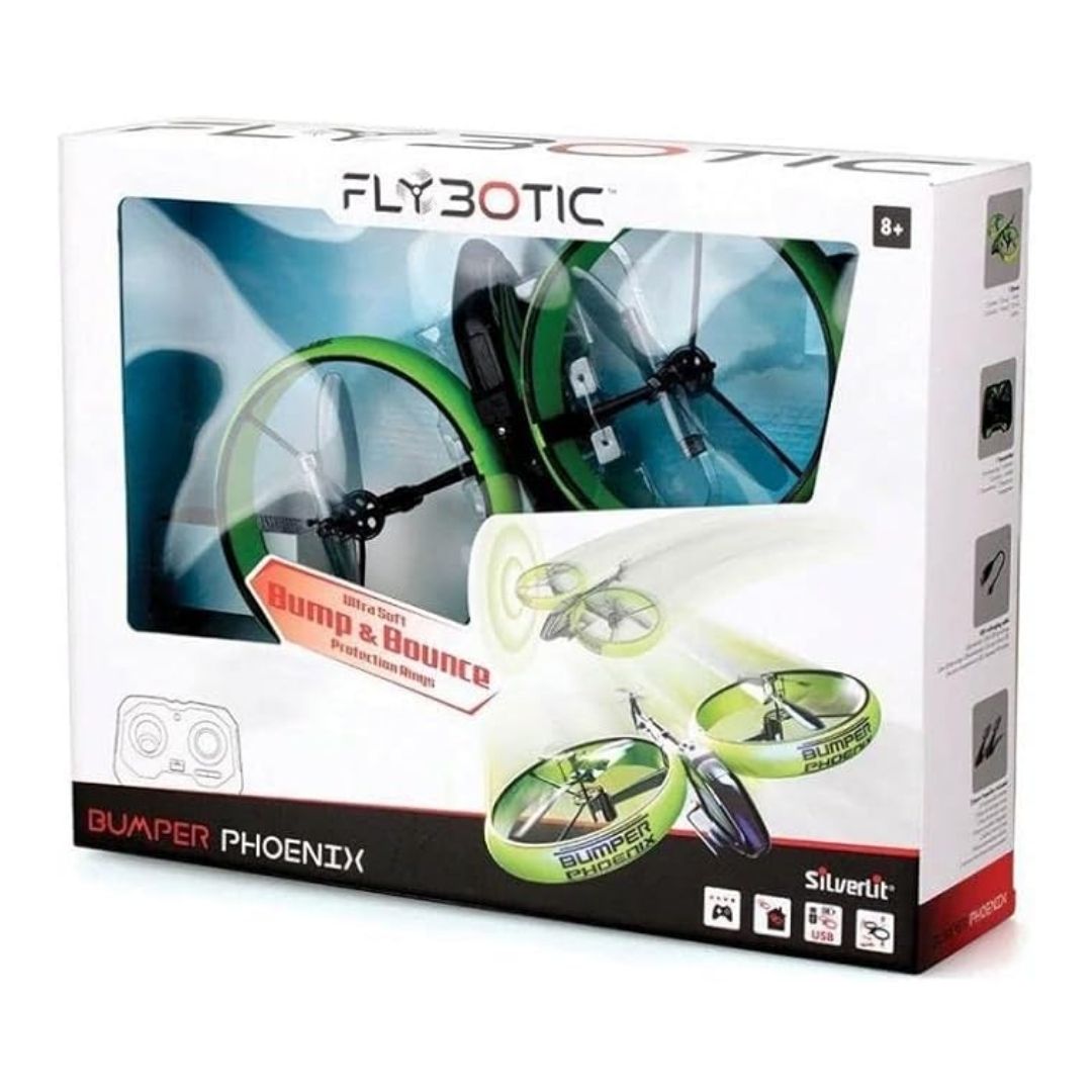 High-performance Silverlit Bumper Phoenix RC helicopter in a vibrant multicolor finish, featuring a soft shock-absorbing outer frame, coaxial rotors, and a professional 2.4 GHz remote control.