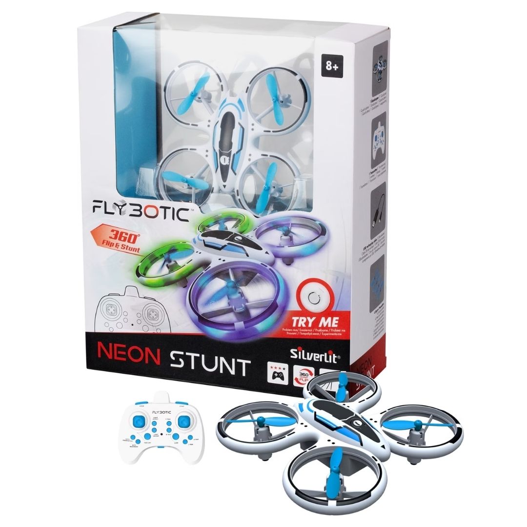 Silverlit RC Neon Stunt quadcopter in a vibrant multicolor design, featuring high-intensity neon LED light strips on each motor arm, a lightweight aerodynamic frame, and a professional 2.4 GHz remote control.