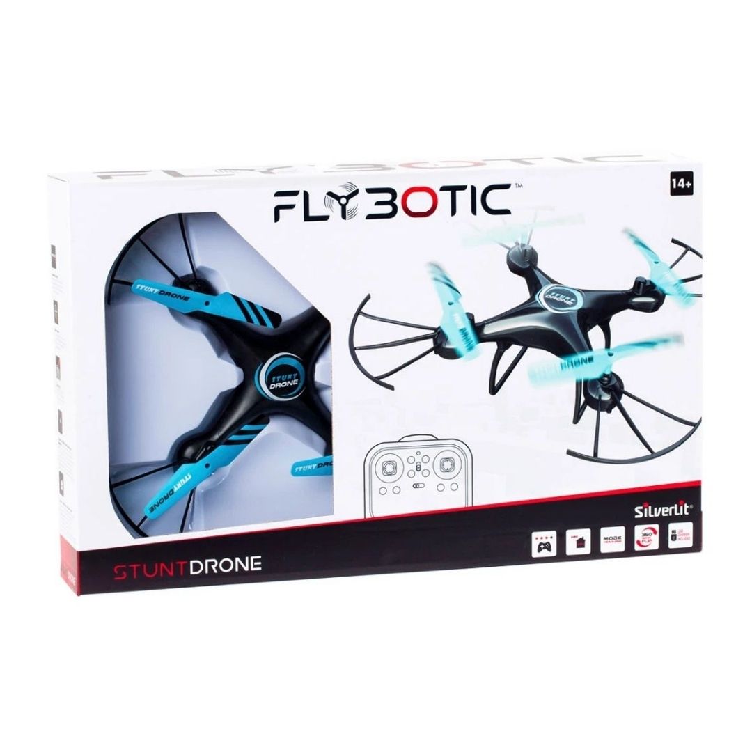 High-speed Silverlit RC Stunt Drone in a vibrant multicolor finish, featuring a reinforced aerodynamic chassis, four high-torque rotors, integrated LED flight lights, and a professional 2.4 GHz transmitter.