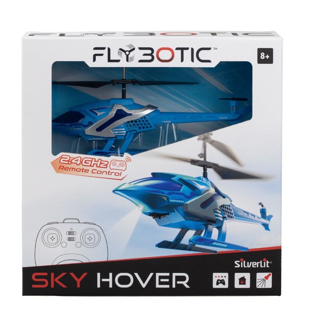 Sleek Silverlit Sky Hover RC drone in a vibrant multicolor finish, featuring a high-stability four-rotor design, integrated LED flight indicators, and a professional 2.4 GHz remote control.
