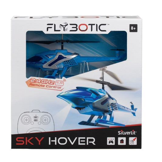 Sleek Silverlit Sky Hover RC drone in a vibrant multicolor finish, featuring a high-stability four-rotor design, integrated LED flight indicators, and a professional 2.4 GHz remote control.