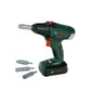 Theo Klein Bosch toy cordless screwdriver featuring dark green trade-dress casing, interchangeable drill bits, forward and reverse rotation switch, and trigger-activated motor.