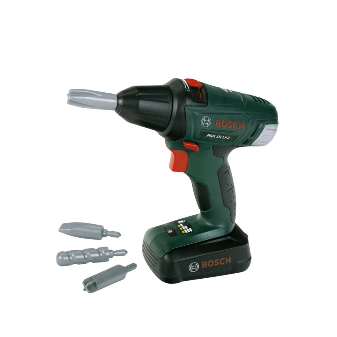 Theo Klein Bosch toy cordless screwdriver featuring dark green trade-dress casing, interchangeable drill bits, forward and reverse rotation switch, and trigger-activated motor.