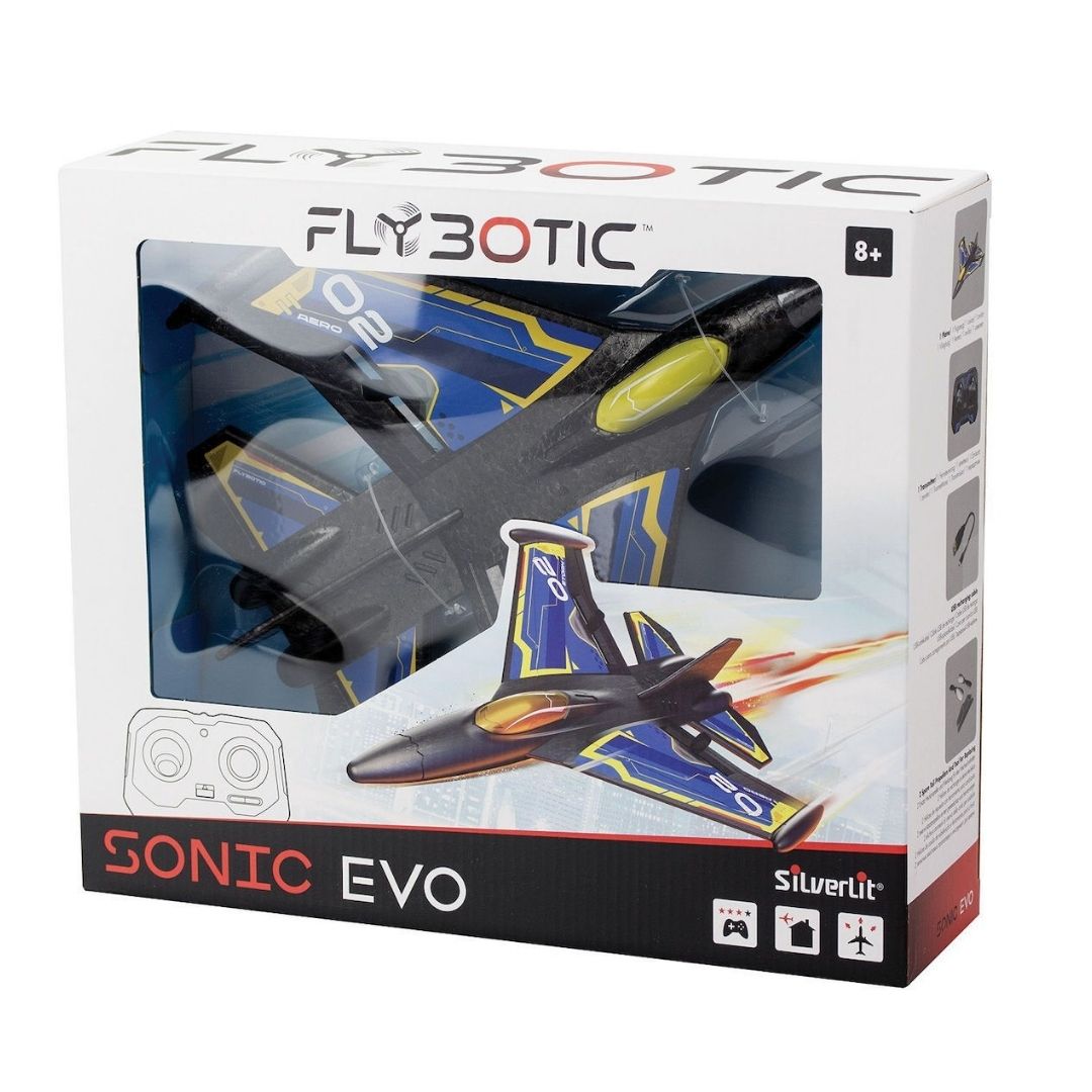 Sleek Silverlit Sonic Evo RC racing car in a vibrant multicolor finish, featuring a low-profile aerodynamic chassis, high-performance rubber tires, and a 2.4 GHz professional transmitter.