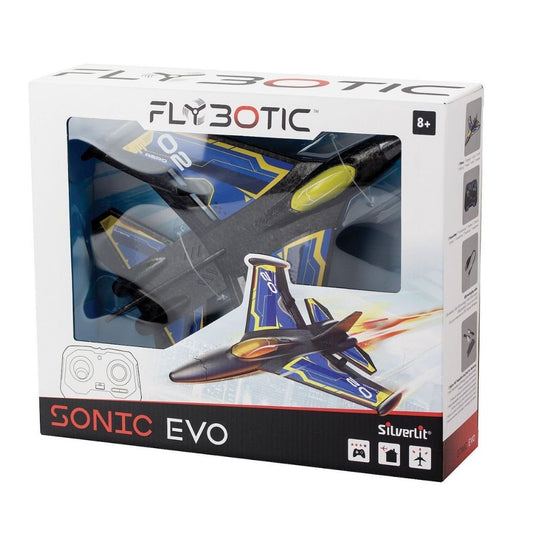 Sleek Silverlit Sonic Evo RC racing car in a vibrant multicolor finish, featuring a low-profile aerodynamic chassis, high-performance rubber tires, and a 2.4 GHz professional transmitter.