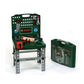 Theo Klein Bosch Tool Shop workbench featuring a dark green tool wall, worktable surface, vise, hand saw, hammer, pliers, spanner, screws, and accessories.