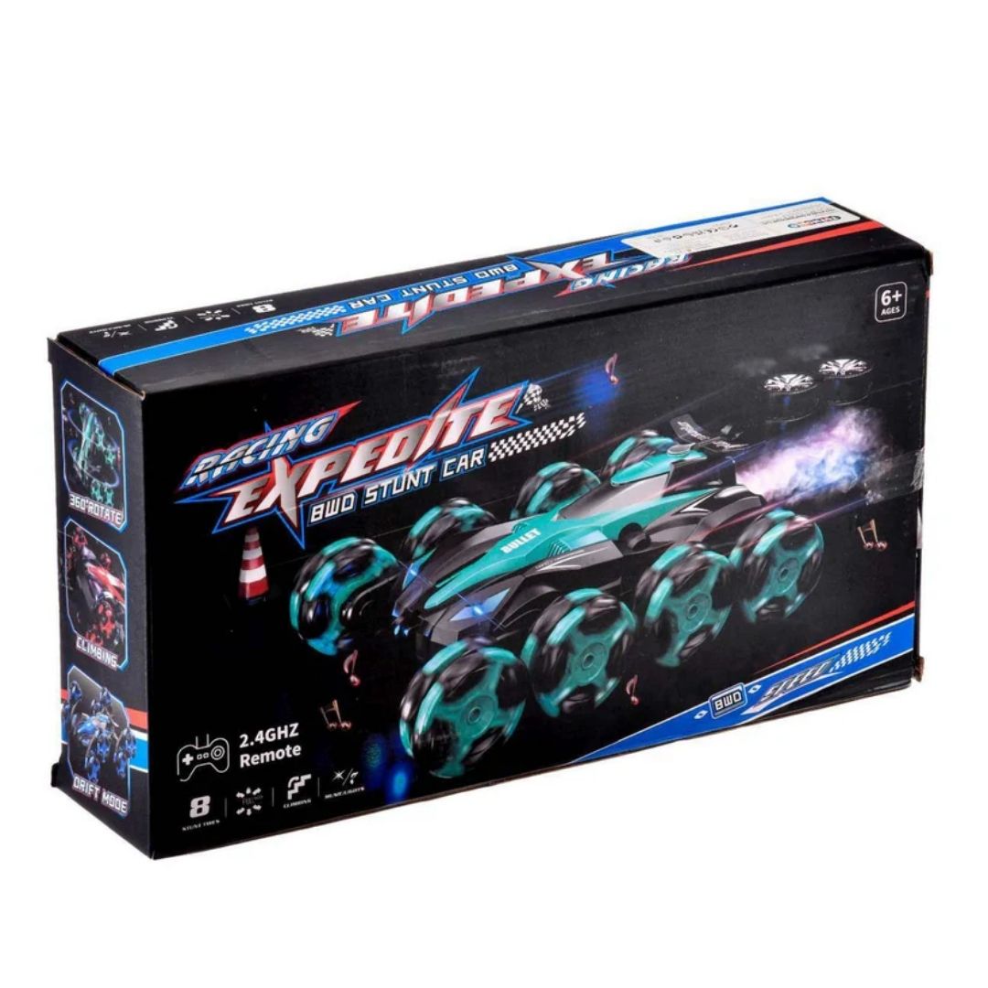 LT RC Cars RC Stunt Master vehicle performing a 360-degree spin featuring vibrant LED lights, music, and a functional water mist spray exhaust in a multicolor display box.