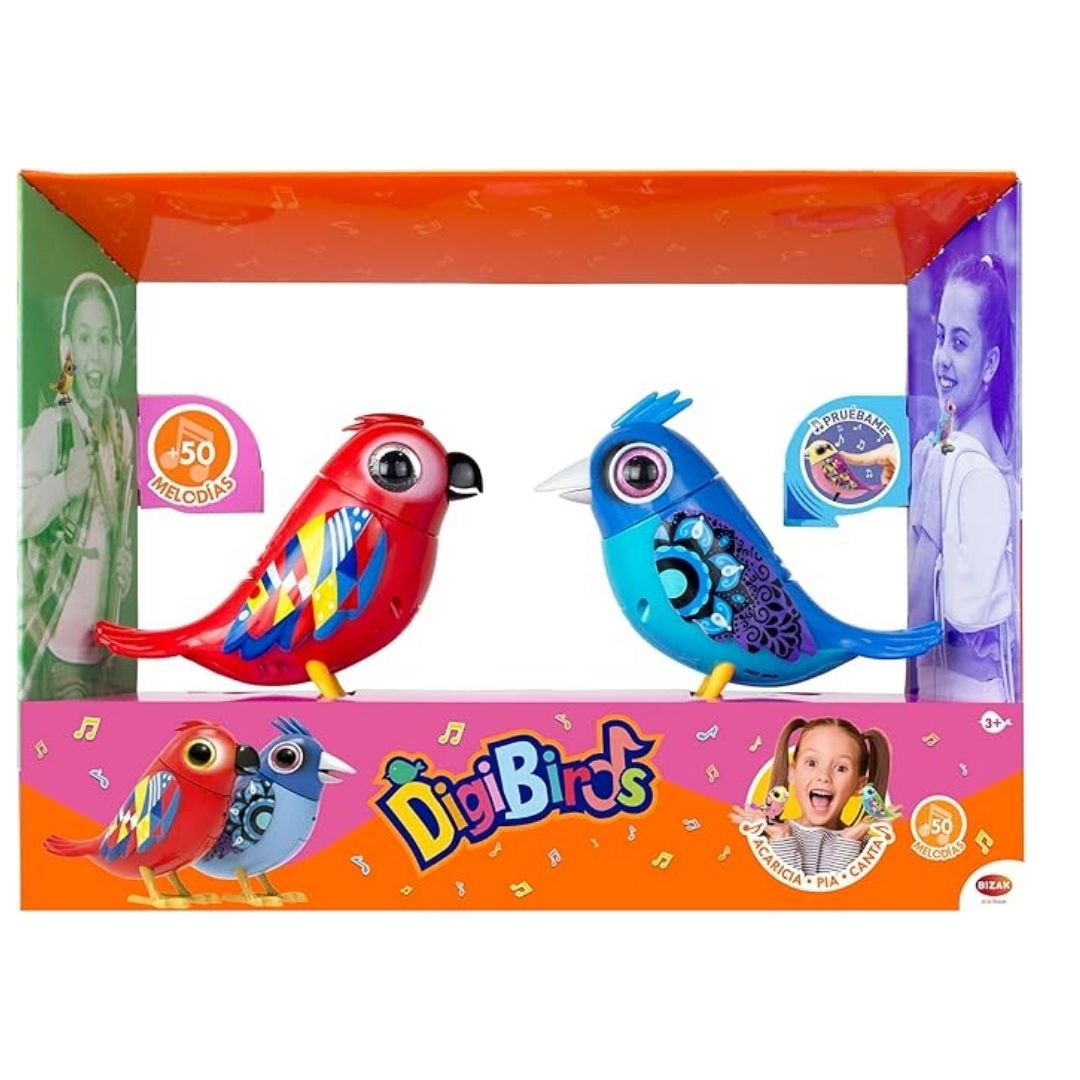 Two Silverlit DigiBirds from the Series 1 collection in vibrant multicolor finishes, featuring moving beaks, oscillating heads, and two Digi-Clip accessories for portable play.