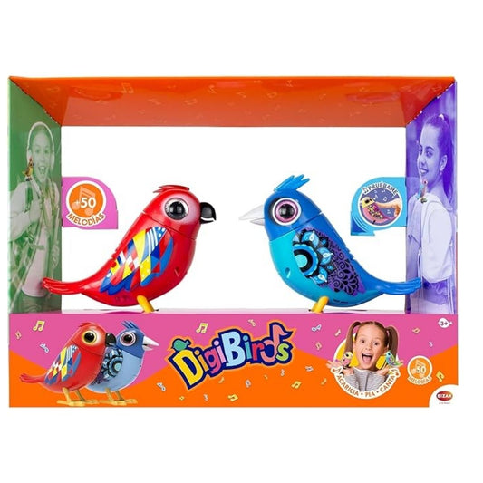Two Silverlit DigiBirds from the Series 1 collection in vibrant multicolor finishes, featuring moving beaks, oscillating heads, and two Digi-Clip accessories for portable play.