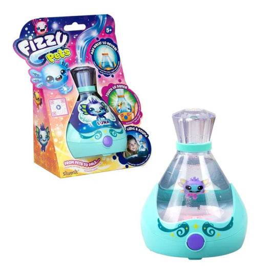 Silverlit Fizzy Pets mystery egg in a vibrant multicolor design, shown alongside a cute, wide-eyed interactive robotic pet with colorful fur accents and a specialized fizz-reveal shell.