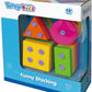Tanny Toys Fanny Stacking set featuring various colorful, uniquely shaped blocks and an interlocking puzzle base designed for toddlers aged 12 months and up.