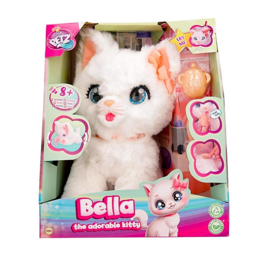 IMC Toys Bella the Adorable Kitty featuring a soft white plush kitten with a pink bow, interactive sensors, and large expressive eyes in a colorful open-box display.