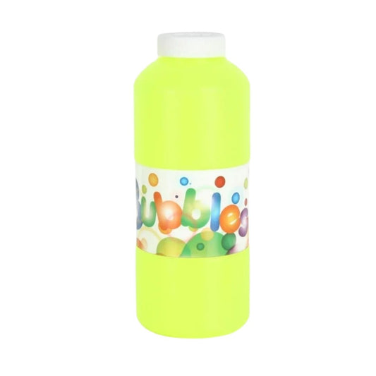 Bubble Bottle featuring a bright blue solution container with a yellow cap and a red "manual" wand producing a cluster of clear, shimmering bubbles.