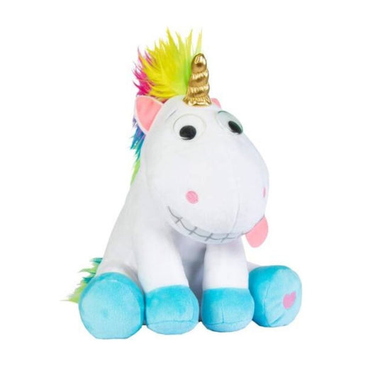 IMC Toys Puffy the Unicorn interactive plush toy featuring a soft multicolor mane, a magical glowing horn, and rounded kid-safe edges in a colorful gift box.