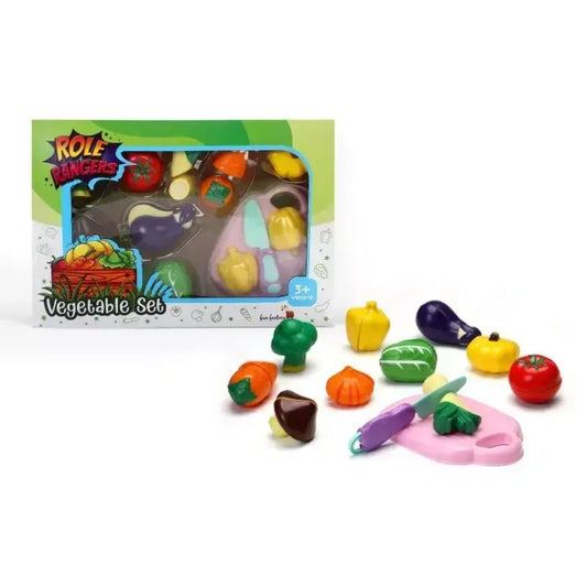 A 12-piece multicolor vegetable play set featuring realistic replicas of garden-fresh vegetables including carrots, corn, and bell peppers, made from durable child-safe materials.