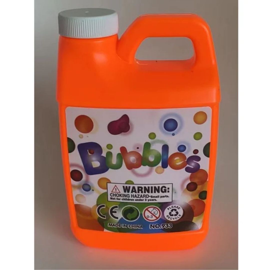 Bubble Bottle featuring a bright blue solution container with a yellow cap and a red "manual" wand producing a cluster of clear, shimmering bubbles.