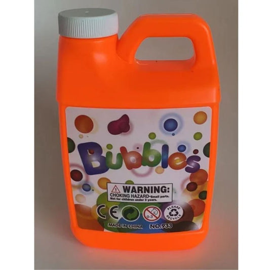 Bubble Bottle featuring a bright blue solution container with a yellow cap and a red "manual" wand producing a cluster of clear, shimmering bubbles.