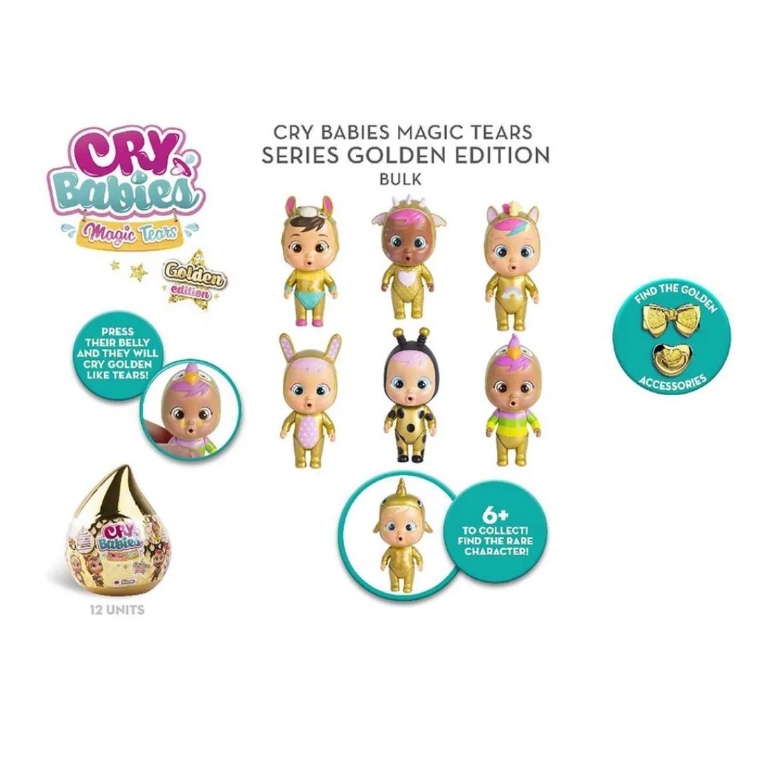 Cry Babies Magic Tears Golden Edition mystery doll house in a metallic gold finish, featuring a surprise doll, golden accessories, and a 12-piece display box option.